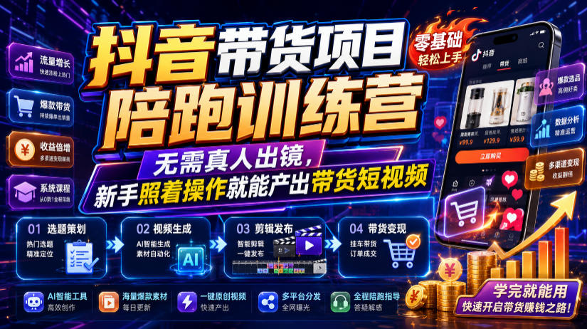 抖音带货项目陪跑训练营，无需真人出镜，新手照着操作就能产出带货短视频-九九网创