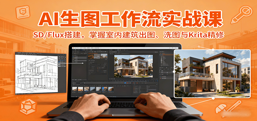 AI生图工作流实战课：SD/Flux搭建，掌握室内建筑出图、洗图与Krita精修-九九网创