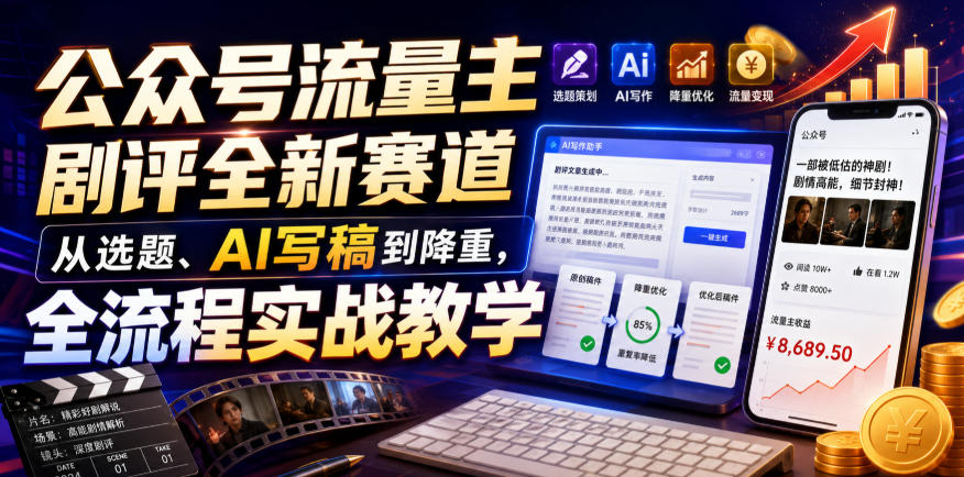 公众号流量主剧评全新赛道，从选题、AI写稿到降重，全流程实战教学-九九网创