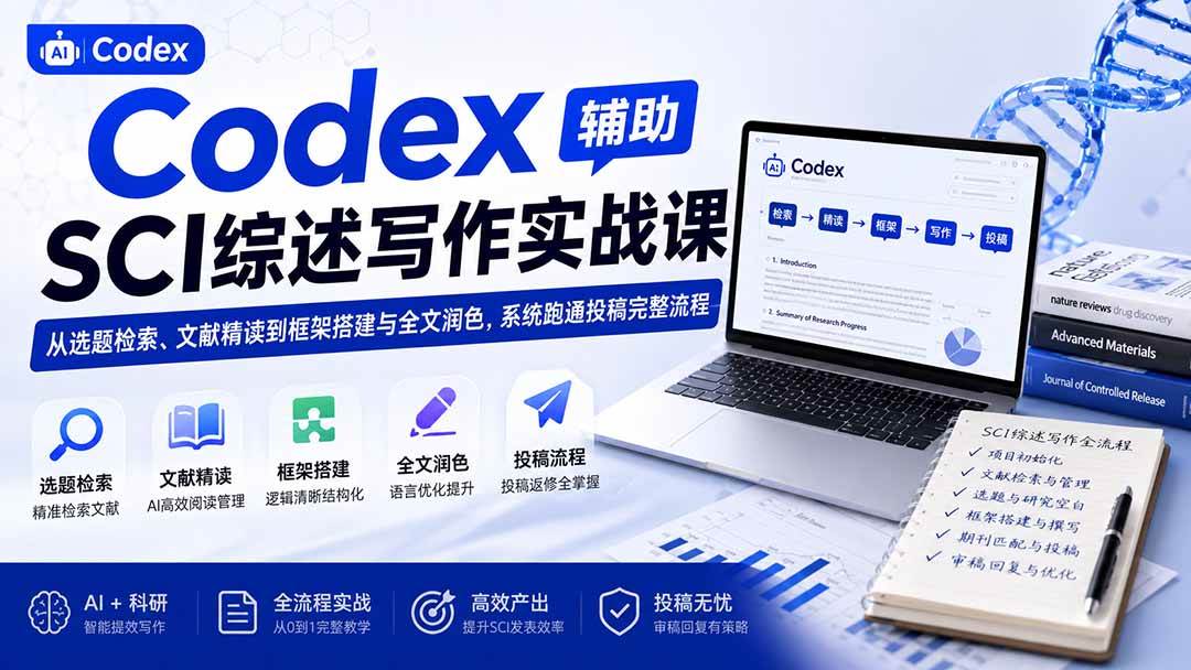 （19751期）Codex辅助SCI综述写作实战课——从选题检索、文献精读到框架搭建与全文润色，系统跑通投稿完整流程-九九网创