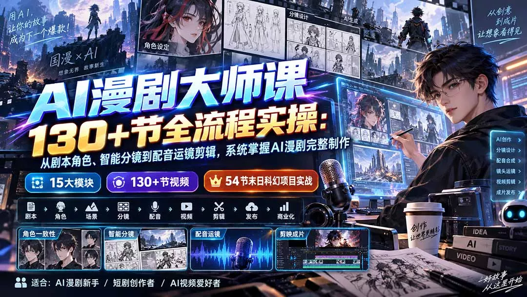 AI漫剧大师课130+节全流程实操：从剧本角色、智能分镜到配音运镜剪辑，系统掌握AI漫剧完整制作-九九网创