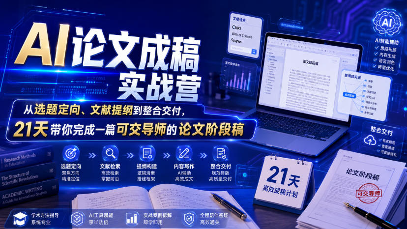AI论文成稿实战营，从选题定向、文献提纲到整合交付，21天带你完成一篇可交导师的论文阶段稿-九九网创