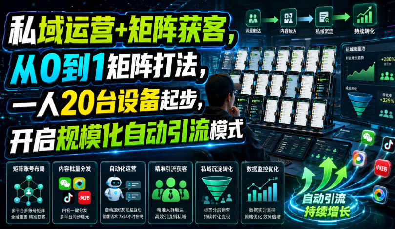 私域运营+矩阵获客，从0到1矩阵打法，一人20台设备起步，开启规模化自动引流模式！-九九网创