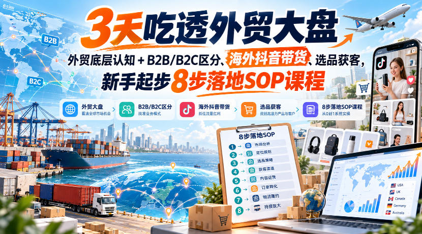 3天吃透外贸大盘，外贸底层认知+B2B/B2C区分、海外抖音带货、选品获客，新手起步8步落地SOP课程-九九网创
