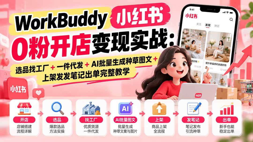 （20801期）WorkBuddy小红书0粉开店变现实战：选品找工厂+一件代发+AI批量生成种草图文+上架发发笔记出单完整教学-九九网创