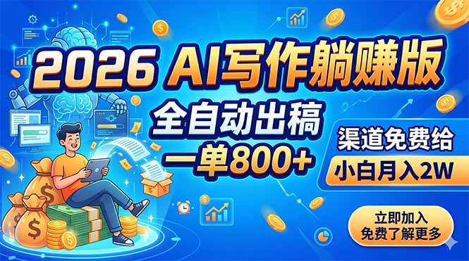 （18885期）2026 AI写作躺赚版：全自动出稿，一单800+，渠道免费给，小白月入2W-九九网创