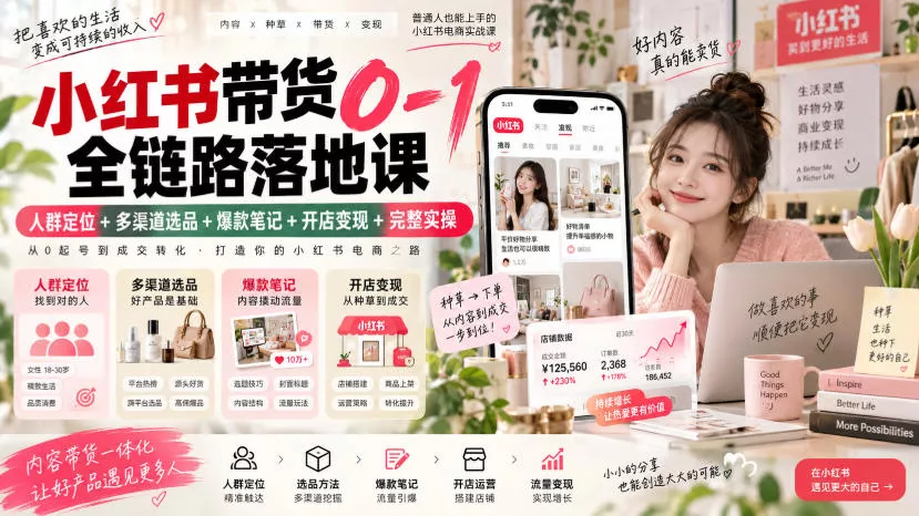 小红书带货0-1全链路落地课｜人群定位+多渠道选品+爆款笔记+开店变现完整实操-九九网创