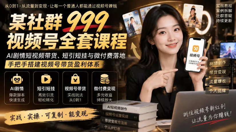 某社群999视频号全套课程,AI剧情短视频带货、短引短挂与微付费落地,手把手搭建视频号带货盈利体系-九九网创