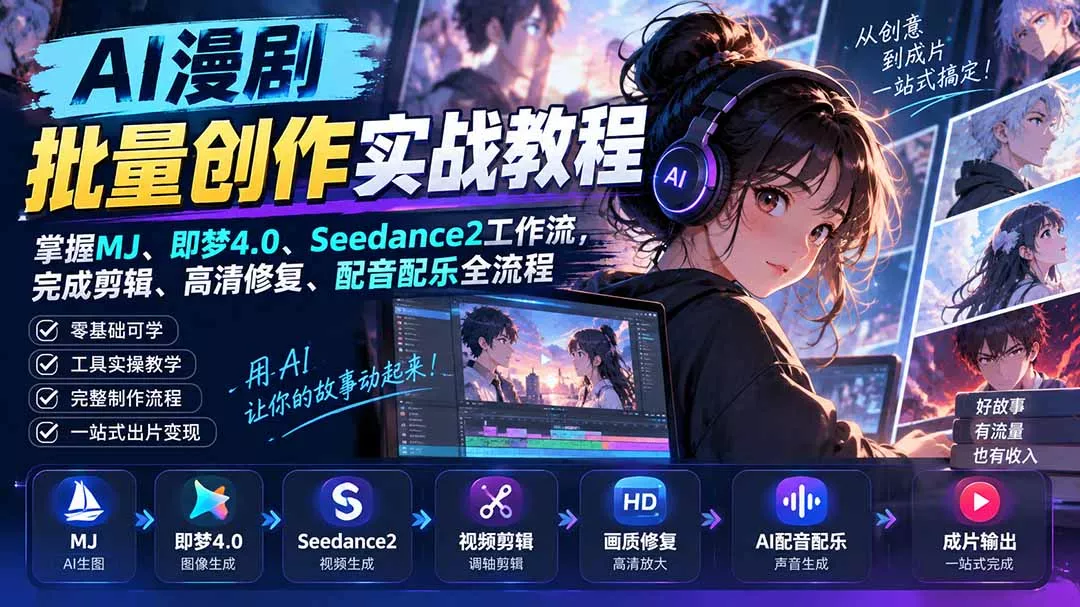 AI漫剧批量创作实战教程：掌握MJ、即梦4.0、Seedance2工作流，完成剪辑、高清修复、配音配乐全流程-九九网创
