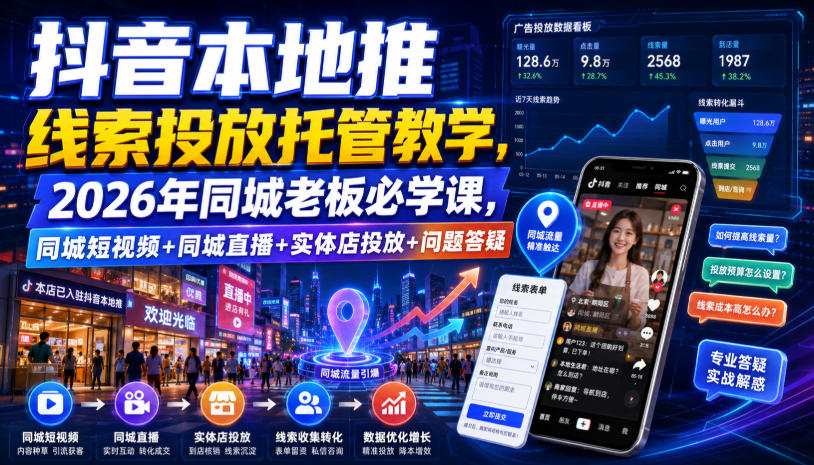 抖音本地推线索投放托管教学，2026年同城老板必学课，同城短视频+同城直播+实体店投放+问题答疑-九九网创