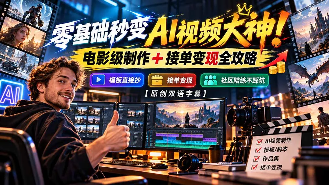 零基础秒变AI视频大神！电影级制作 + 接单变现全攻略，模板直接抄，社区陪练不踩坑【原创双语字幕】-九九网创