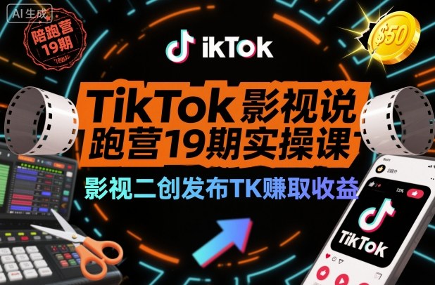 TikTok影视解说陪跑营19期实操课，影视二创发布TK賺取收益，万播收益50美金(更新)-九九网创