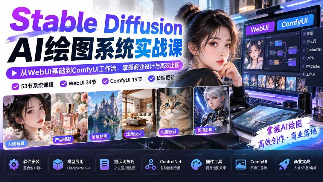 （20678期）Stable Diffusion AI绘图系统实战课：从WebUI基础到ComfyUI工作流，掌握商业设计与高效出图-九九网创