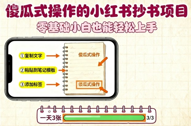 傻瓜式操作的小红书抄书项目，会复制粘贴就行，零基础小白也能一天3张-九九网创