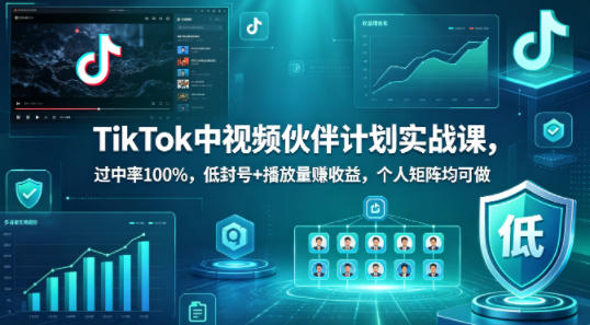 TikTok中视频伙伴计划实战课,过中率100%,低封号+播放量賺收益,个人矩阵均可做-九九网创