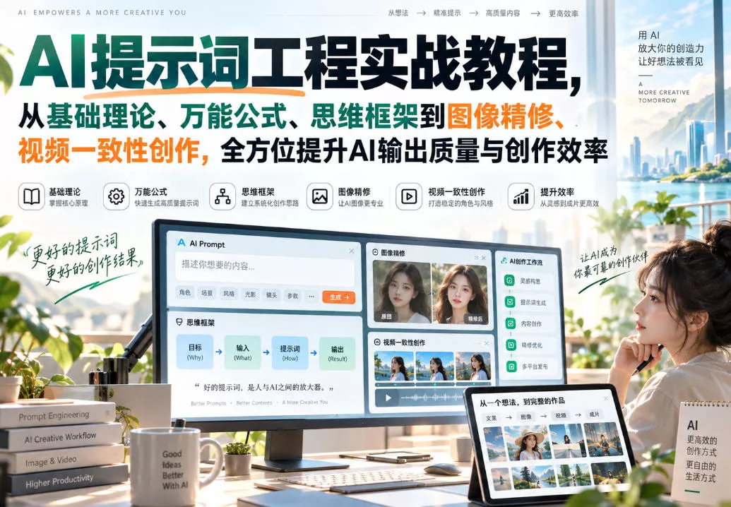 AI提示词工程实战教程，从基础理论、万能公式、思维框架到图像精修、视频一致性创作，全方位提升AI输出质量与创作效率-九九网创