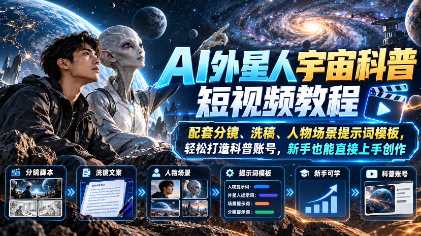 AI外星人宇宙科普短视频教程，配套分镜、洗稿、人物场景提示词模板，轻松打造科普账号，新手也能直接上手创作-九九网创