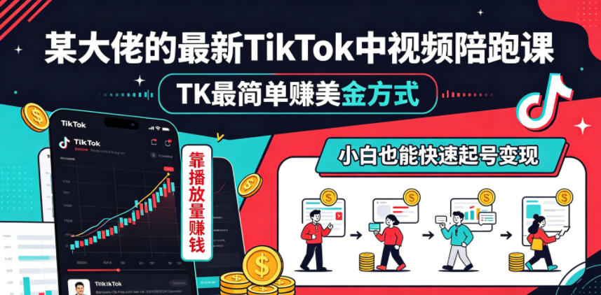 某大佬的最新TikTok中视频陪跑课，TK最简单賺美金方式，靠播放量賺钱，小白也能快速起号变现-九九网创