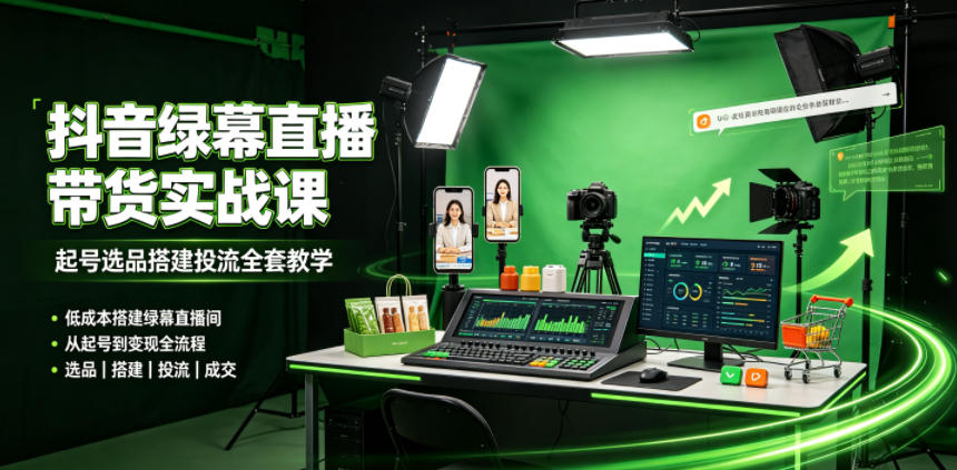 某社群抖音绿幕直播带货实战课，起号选品搭建投流全套教学，低成本搭建绿幕直播间-九九网创