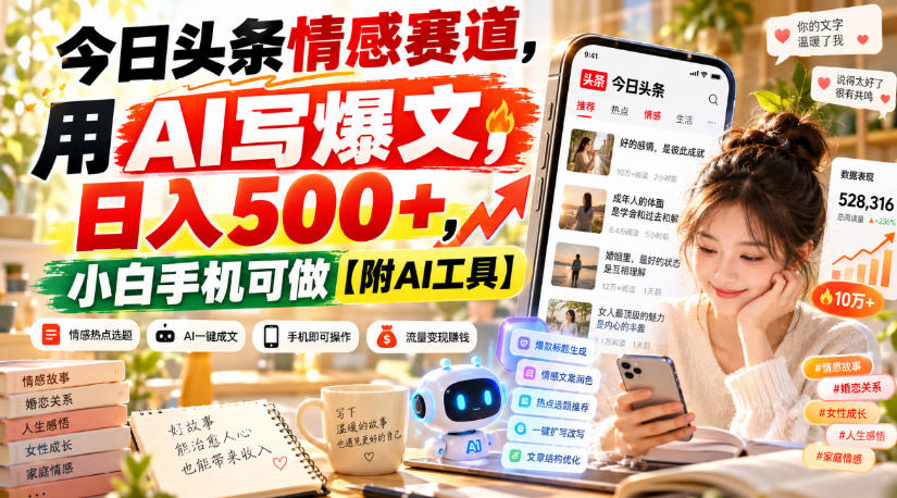 今日头条情感赛道，用AI写爆文，日入500+，小白手机可做【附AI工具】-九九网创