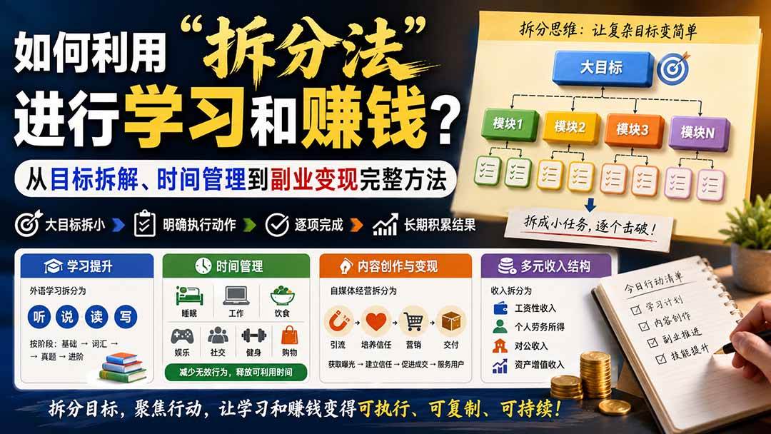 （20022期）付费文章：如何利用“拆分法”进行学习和賺钱？从目标拆解、时间管理到副业变现完整方法-九九网创