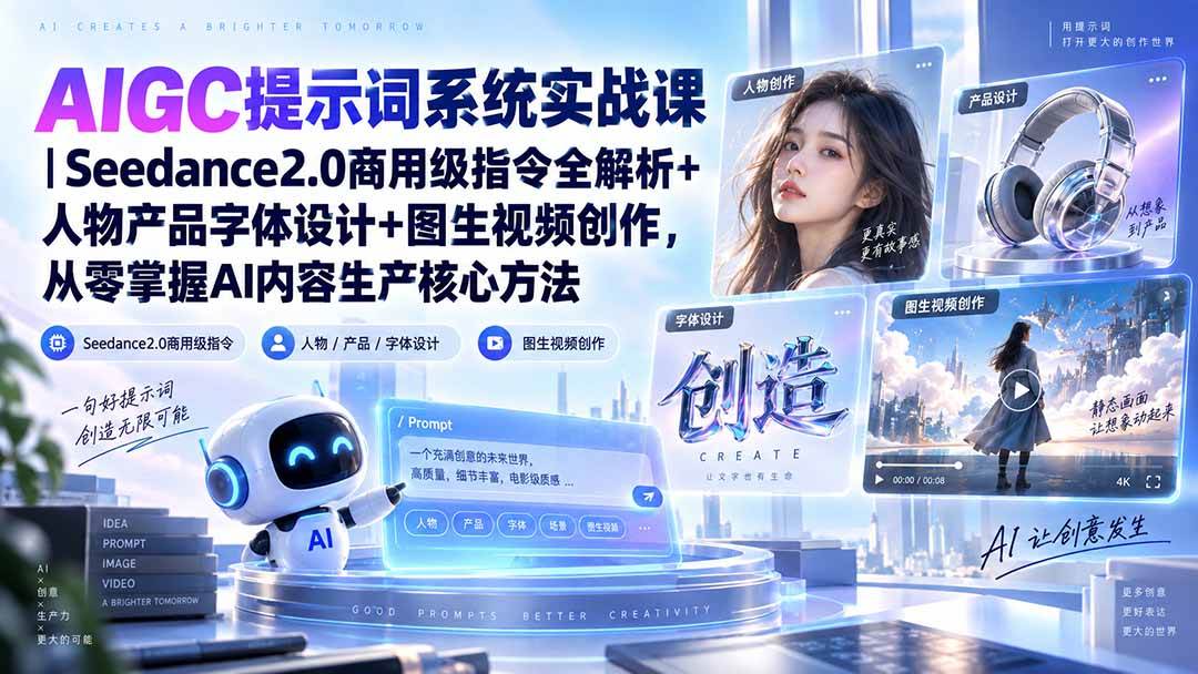 （20559期）AIGC提示词系统实战课-无水印｜Seedance2.0商用级指令全解析+人物产品字体设计+图生视频创作，掌握AI内容生产方法-九九网创