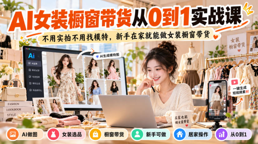 AI女装橱窗带货从0到1实战课，不用实拍不用找模特，新手在家就能做女装橱窗带货-九九网创