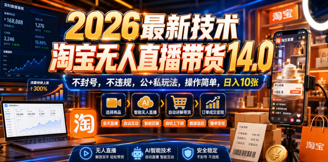 2026最新技术，淘宝无人直播带货14.0，不封号，不违规，公+私玩法，操作简单，日入10张【揭秘】-九九网创