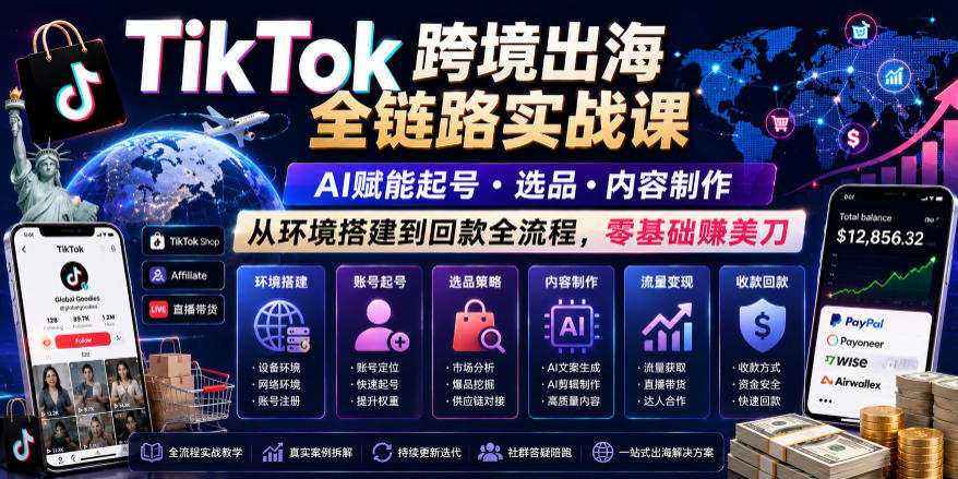 TikTok跨境出海全链路实战课，AI赋能起号・选品・内容制作，从环境搭建到回款全流程，零基础賺美刀-九九网创