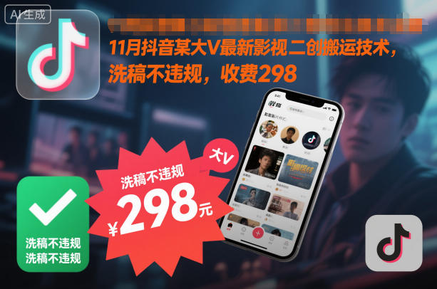 11月抖音某大V最新影视二创搬运技术，洗稿不违规，收费298-九九网创
