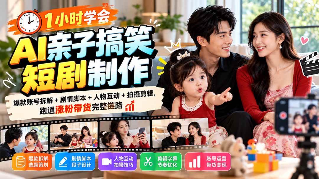 (20807期)1小时学会AI亲子搞笑短剧制作:爆款账号拆解+剧情脚本+人物互动+拍摄剪辑,跑通涨粉带货完整链路 (20807期)1小时学会AI亲子搞笑短剧制作:爆款账号拆解+剧情脚本+人物互动+拍摄剪辑,跑通涨粉带货完整链路