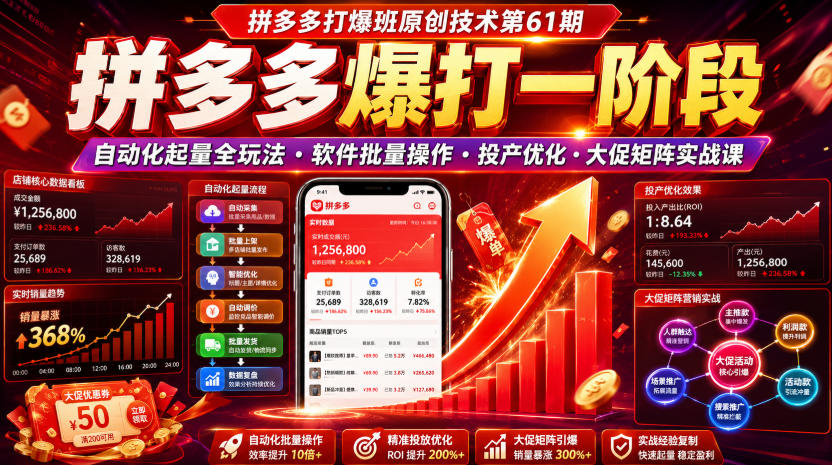 拼多多打爆班原创技术第61期，拼多多爆打一阶段，自动化起量全玩法・软件批量操作・投产优化・大促矩阵实战课-九九网创