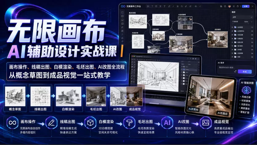 无限画布AI辅助设计实战课｜画布操作、线稿出图、白模渲染、毛坯出图、AI改图全流程，从概念草图到成品视觉一站式教学(更新0923)-九九网创