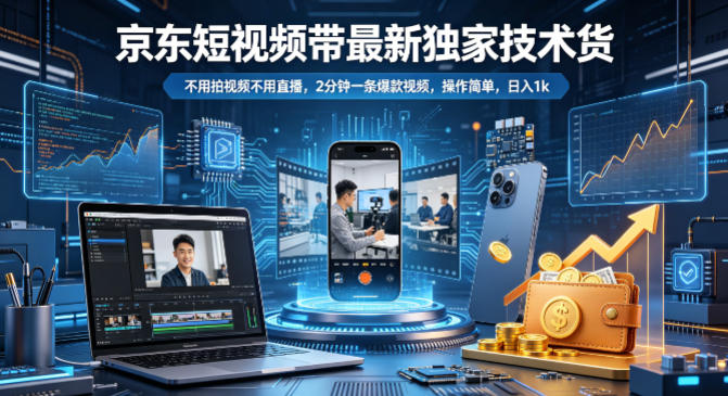 京东短视频带货最新独家技术，不用拍视频不用直播，2分钟一条爆款视频，操作简单，日入1k+【揭秘】-九九网创