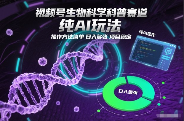 视频号生物科学科普赛道，纯AI玩法，操作方法简单，日入多张，项目稳定-九九网创