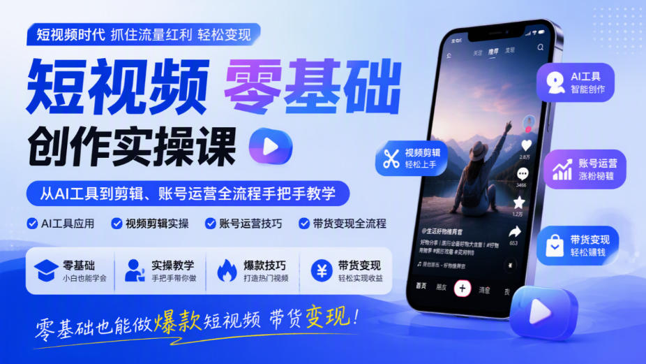 短视频零基础创作实操课，从AI工具到剪辑、账号运营全流程手把手教学，零基础也能做爆款短视频带货变现-九九网创