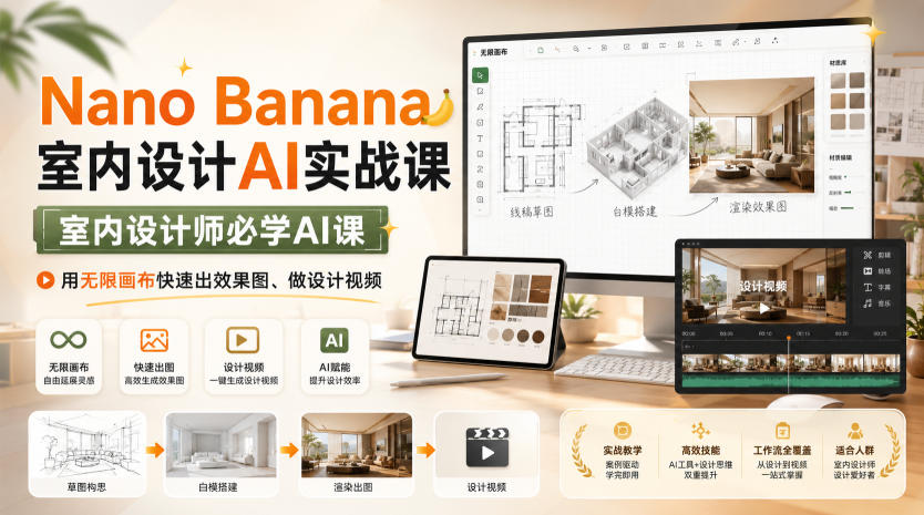 Nano Banana室内设计AI实战课，室内设计师必学AI课，用无限画布快速出效果图、做设计视频-九九网创