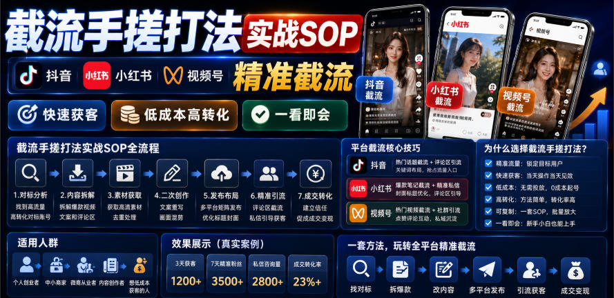 截流手搓打法实战SOP，抖音小红书视频号精准截流，快速获客，低成本高转化，一看即会-九九网创