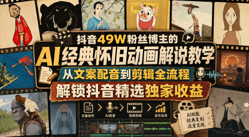 抖音49W粉丝博主的AI经典怀旧动画解说教学，从文案配音到剪辑全流程，解锁抖音精选独家收益-九九网创