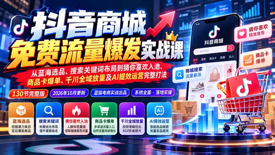 抖音商城免费流量爆发实战：从蓝海选品、搜索关键词布局到猜你喜欢入池、商品卡爆单、千川全域放量及AI提效完整打法-九九网创