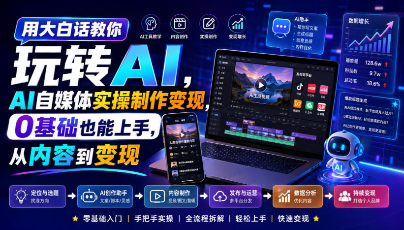 用大白话教你玩转AI，AI自媒体实操制作变现，0基础也能上手，从内容到变现-九九网创