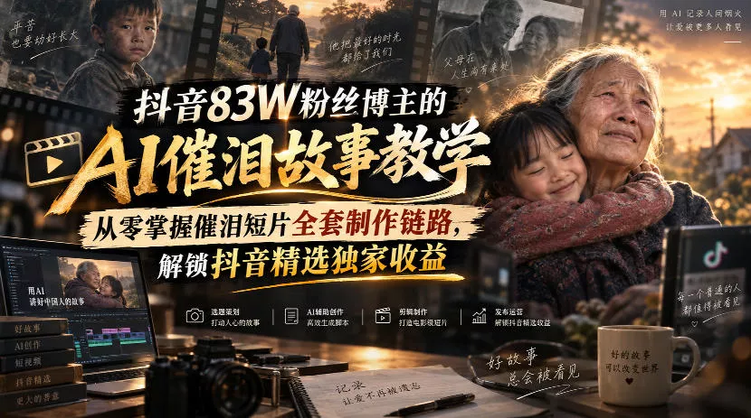 抖音83W粉丝博主的AI催泪故事教学，从零掌握催泪短片全套制作链路，解锁抖音精选独家收益-九九网创