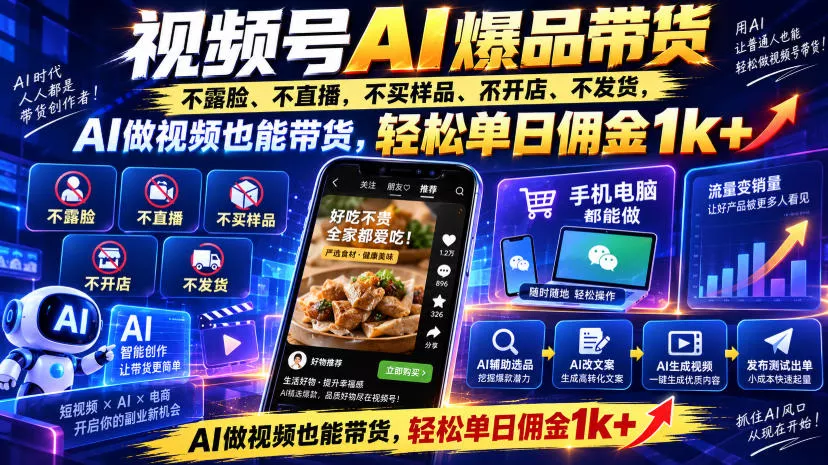 视频号Ai爆品带货，不露脸、不直播、不买样品、不开店、不发货，AI做视频也能带货，轻松单日佣金1k+
