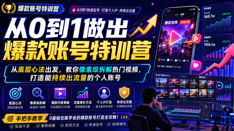 从0到1做出爆款账号特训营，从底层心法出发，教你像素级拆解热门视频，打造能持续出流量的个人账号-九九网创
