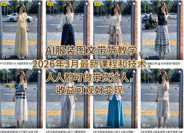 AI服装图文带货教学,2026年3月最新课程和技术,人人都可做带货达人,收益可观好变现 AI服装图文带货教学,2026年3月最新课程和技术,人人都可做带货达人,收益可观好变现