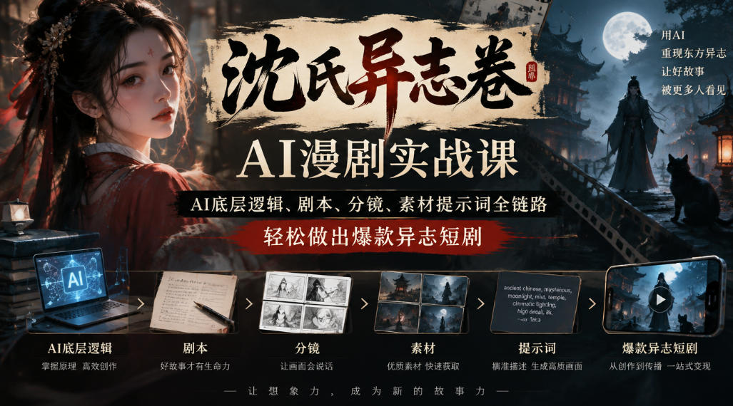 沈氏异志卷AI漫剧实战课｜AI底层逻辑、剧本、分镜、素材提示词全链路，轻松做出爆款异志短剧-九九网创