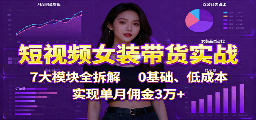 短视频女装带货实战：7大模块全拆解，0基础、低成本，实现单月佣金3万+-九九网创