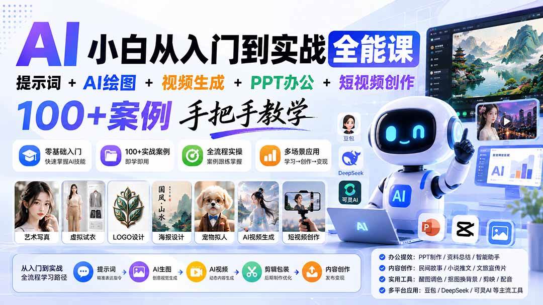 （20018期）AI小白从入门到实战全能课：提示词+AI绘图+视频生成+PPT办公+短视频创作，100+案例手把手教学-九九网创