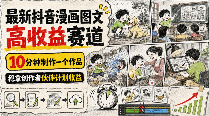 最新抖音漫画图文高收益赛道，10分钟制作一个作品，稳拿创作者伙伴计划收益-九九网创