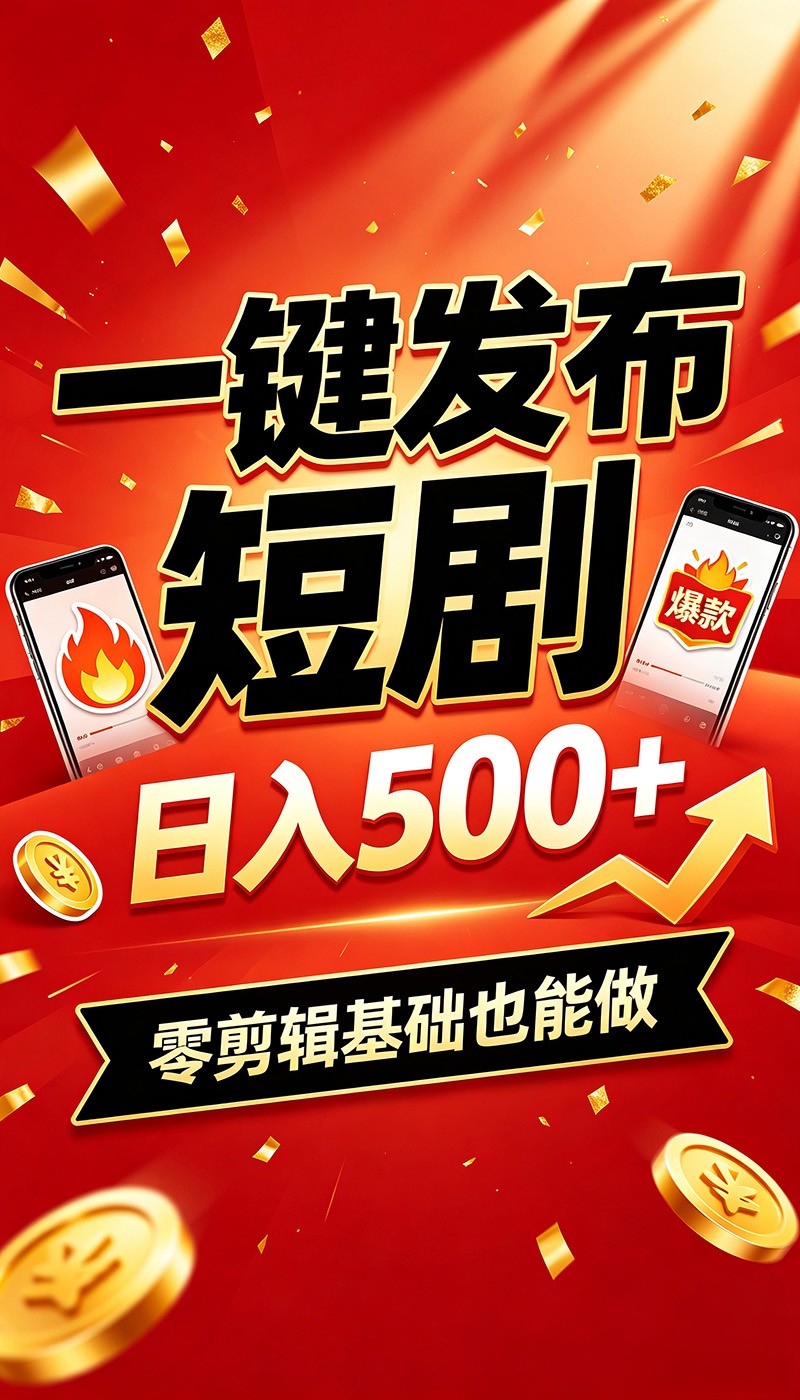 快手短剧一键发布，不用剪辑操作简单，副业日入500+。空闲时间轻松赚收益-九九网创